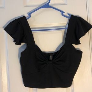 Flounce shoulder black crop top